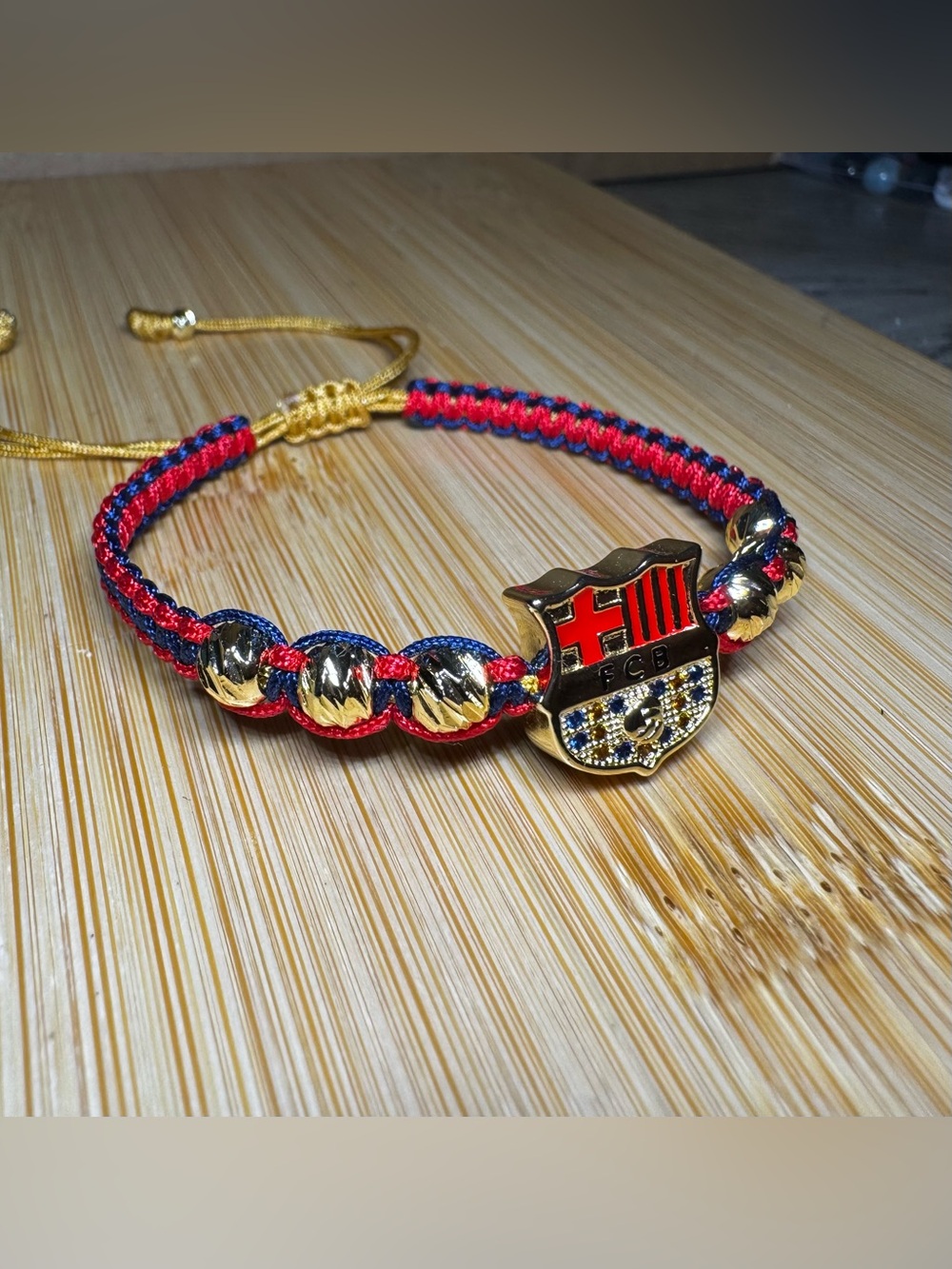 FCB Inspired Red and Blue Braided Bracelet 18k Gold-filled Crest 18k GP Beads